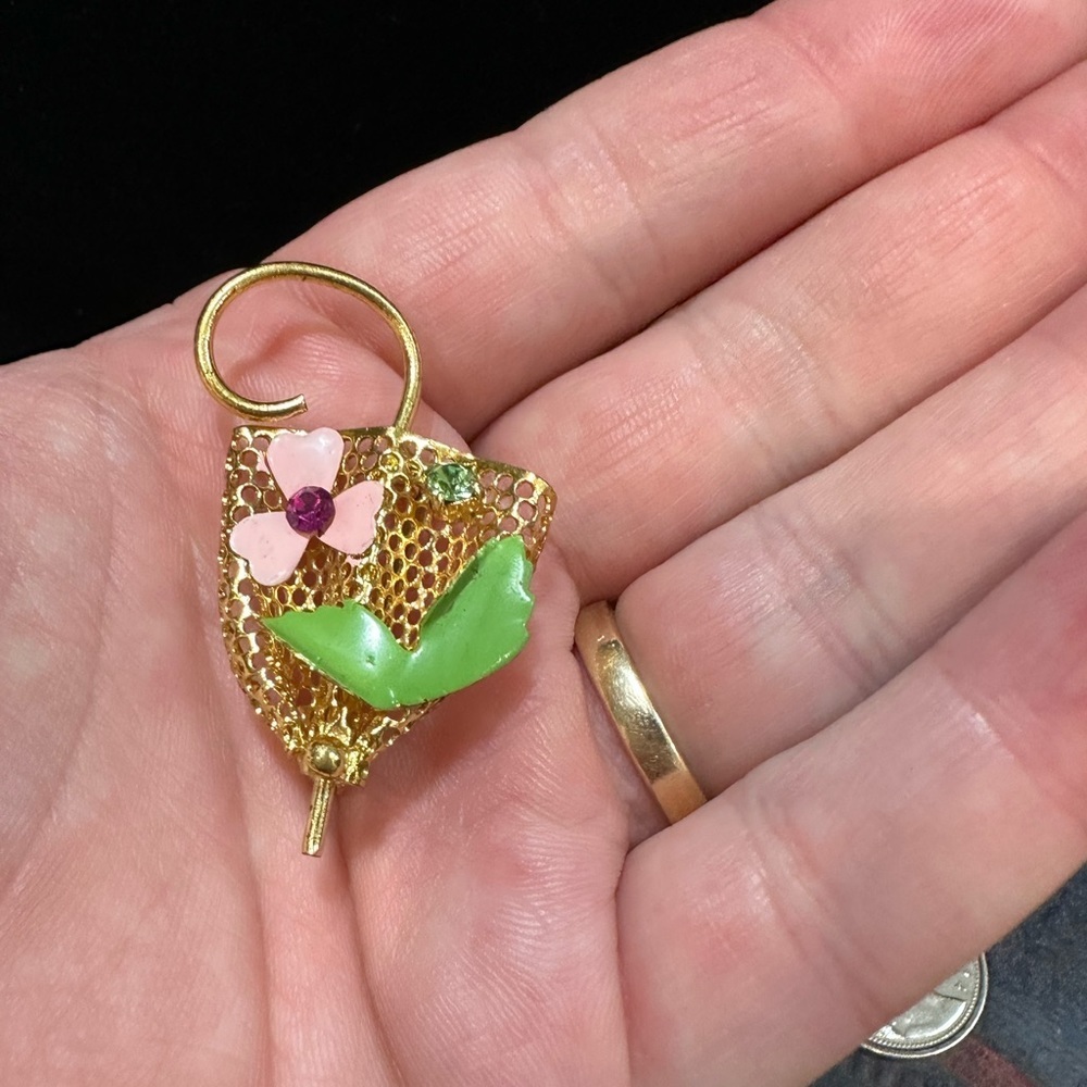 GOLD tone vintage umbrella and floral brooch